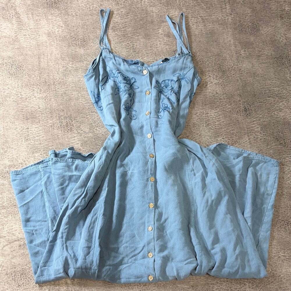 Vintage Blue Embroidered Button Sleeveless Maxi Dress